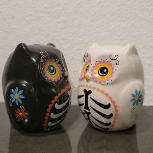 Ceramic Sugar Skull Owl Salt and Pepper Shakers